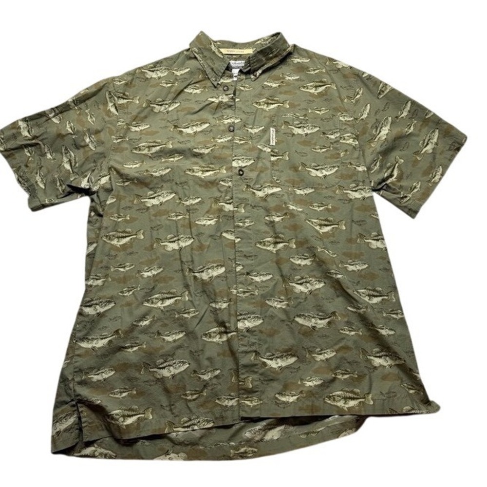 Columbia River Lodge Bass Fish Print Ripstop Shirt Green Mens Large Gorpcore